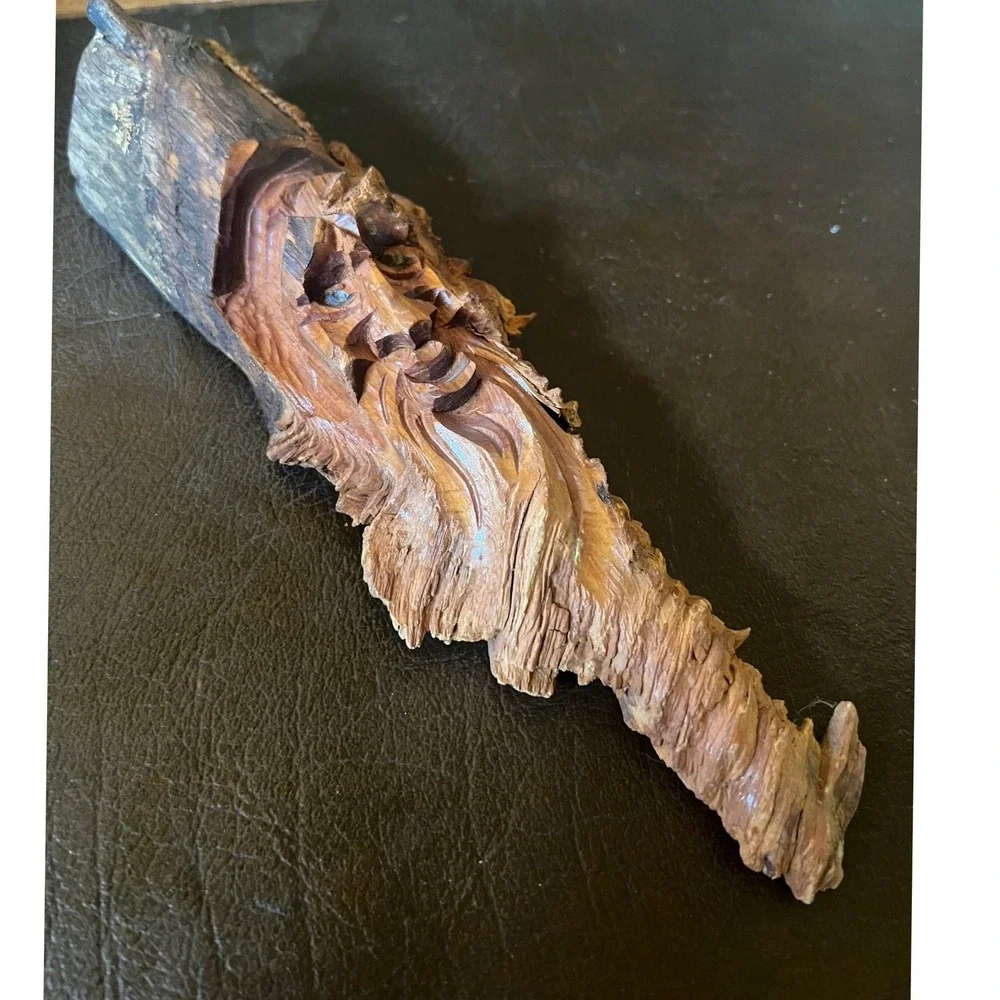 Vintage Hand Carved Wood Spirit Face Forest Wizard Folk Art Branch Carving
